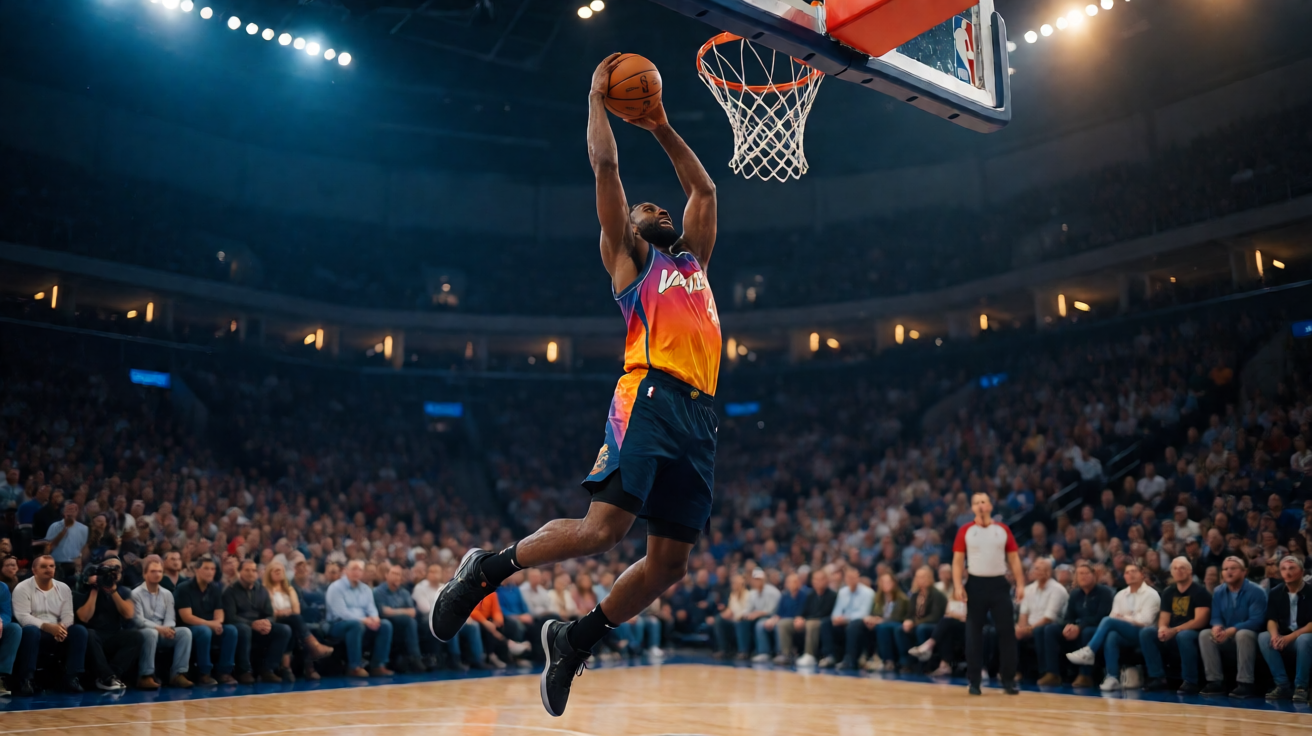 NBA篮球比赛现场，球员正在进行空中扣篮动作