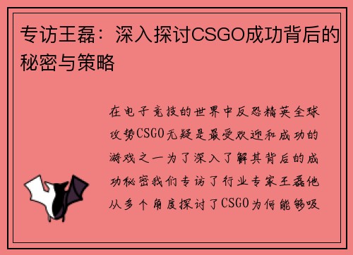 专访王磊：深入探讨CSGO成功背后的秘密与策略